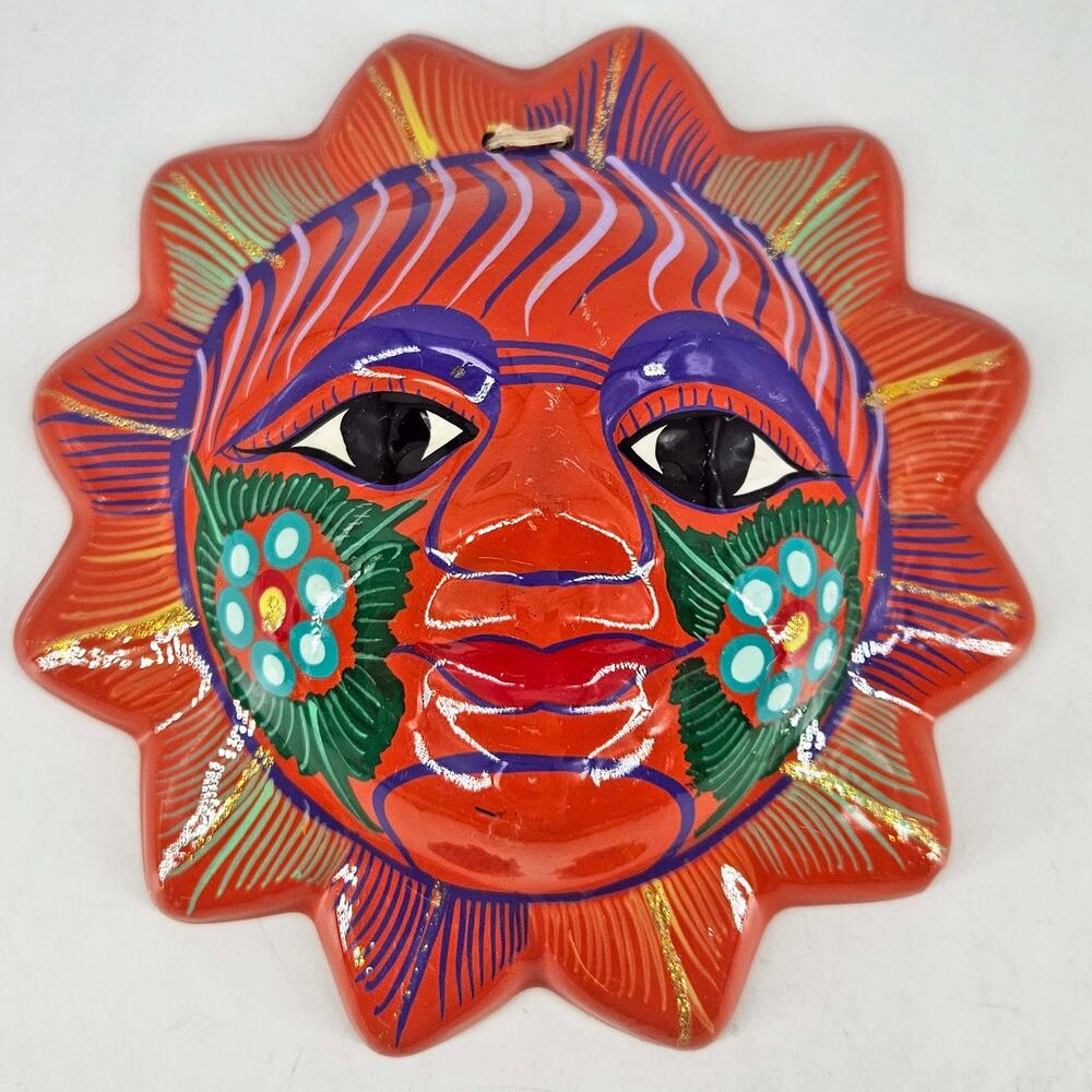 Talavera Sun Face Mexican Folk art Pottery Sculpture Wall Hanging decor